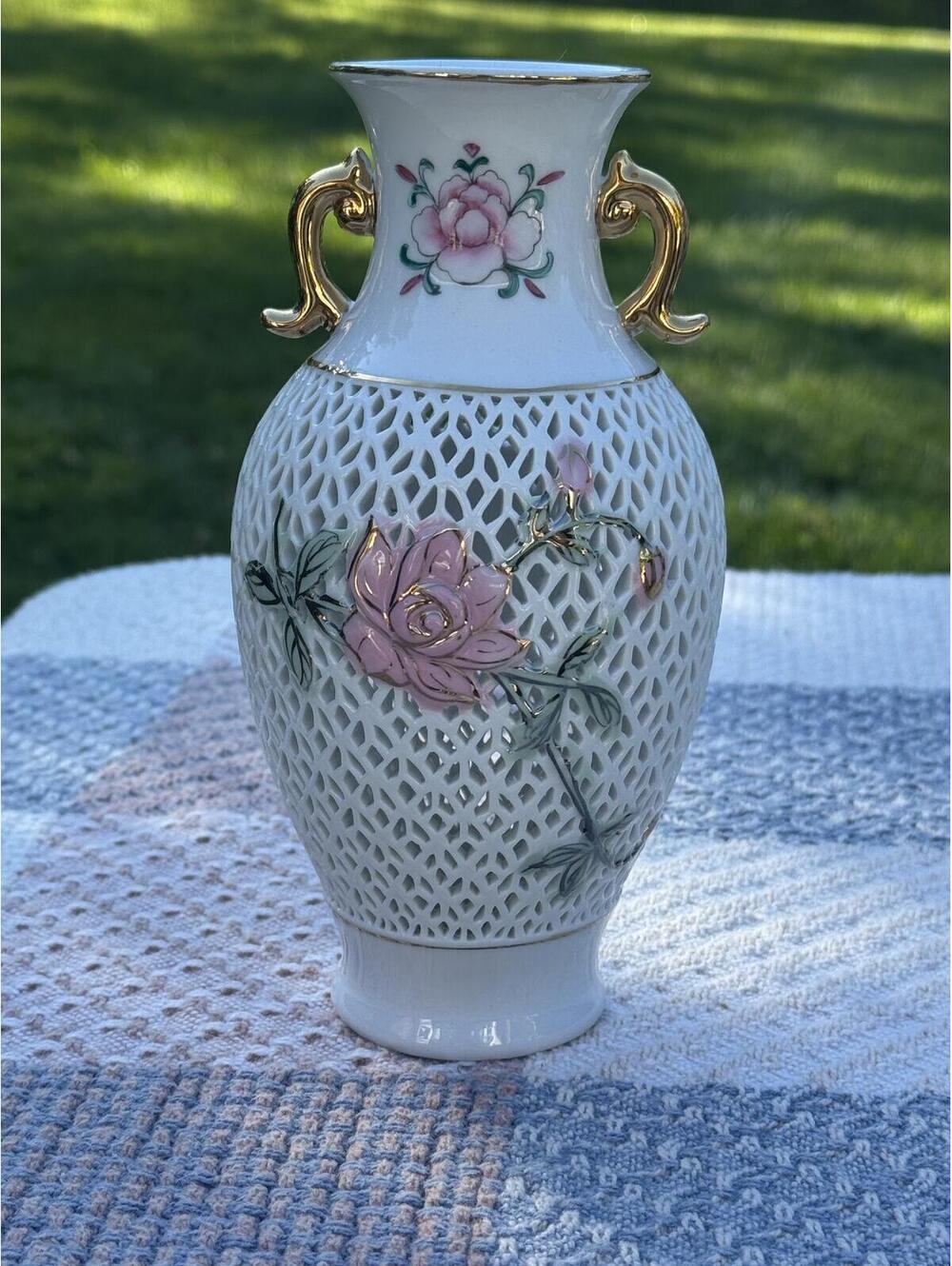 Vintage Chinese Porcelain Vase Pink Floral Design and Gold Handles